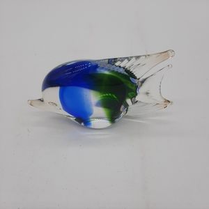 Murano Style Art Glass Tropical Fish Clear Blue & Green 4" Paperweight Figurine